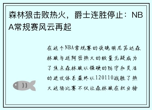 森林狼击败热火，爵士连胜停止：NBA常规赛风云再起